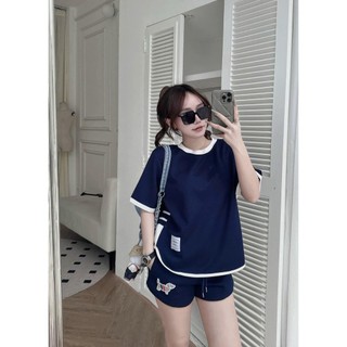Set Bộ Đồ Nữ THOM Áo Phông Sọc Eo Phối Màu Lé Viền Lượn Gấu Mix Quần Sooc Đùi Thêu Logo Cún Freesize