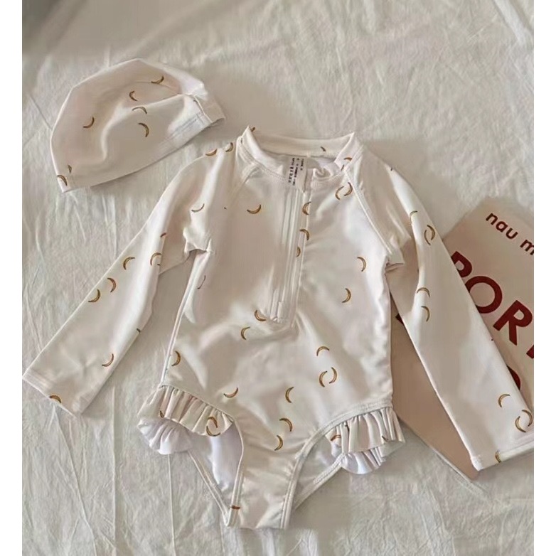 Bộ Đồ Bơi Liền Thân Dài Tay Viền Bèo Bé Gái - Bikini 1 Mảnh Dài Tay Kéo Khóa Cho Bé Từ 2-8 Tuổi