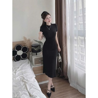 Đầm thời trang Nữ vải len ren (kèm lót) thiết kế 3 màu trơn đơn điệu tay ngắn cổ tròn váy đuôi cá dáng dài ôm body