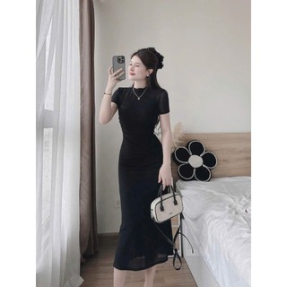 Đầm thời trang Nữ vải len ren (kèm lót) thiết kế 3 màu trơn đơn điệu tay ngắn cổ tròn váy đuôi cá dáng dài ôm body