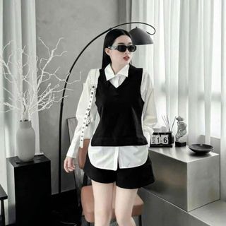 Áo Sơ Mi Bigszie Nữ Gile Giả 2 Lớp Vải Mềm Sang Chảnh Cho Chubby 50-95kg SM180