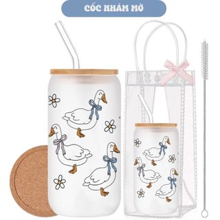 Cốc Thủy Tinh Vịt Trắng 500ml, Ly Thủy Tinh Nắp Tre 16Oz Chịu Nhiệt Kèm Phụ Kiện, Quà Tặng Sinh Nhật