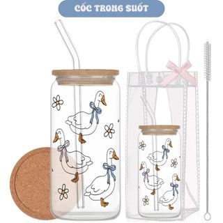 Cốc Thủy Tinh Vịt Trắng 500ml, Ly Thủy Tinh Nắp Tre 16Oz Chịu Nhiệt Kèm Phụ Kiện, Quà Tặng Sinh Nhật
