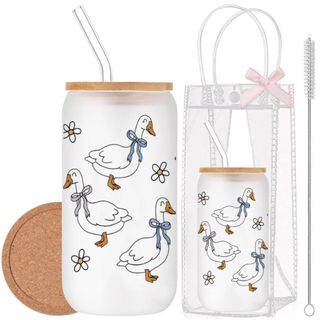 Cốc Thủy Tinh Vịt Trắng 500ml, Ly Thủy Tinh Nắp Tre 16Oz Chịu Nhiệt Kèm Phụ Kiện, Quà Tặng Sinh Nhật