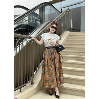 Set Bộ Đồ Áo Phông Thêu Nơ kẻ Mix Chân Váy Kẻ BBR Dáng Dài Siêu Xinh Freesize