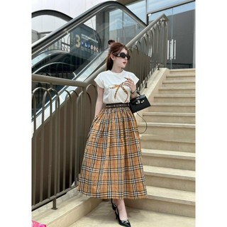 Set Bộ Đồ Áo Phông Thêu Nơ kẻ Mix Chân Váy Kẻ BBR Dáng Dài Siêu Xinh Freesize