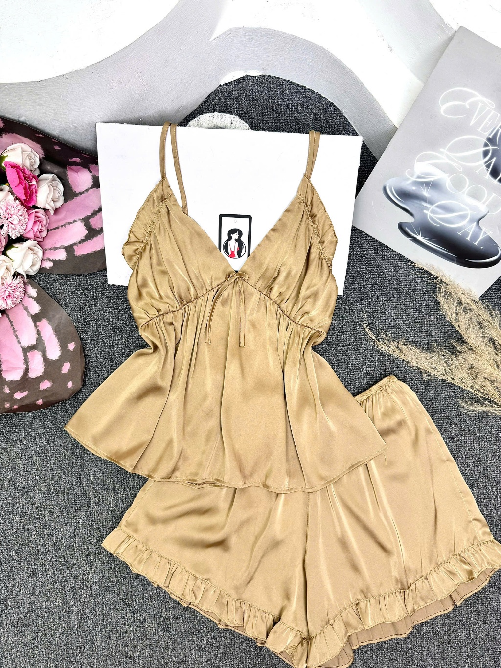 Ảnh Đồ Ngủ Sexy Nữ SOJUN Bộ 2 Dây Trơn Bèo Nơ Nhún  1 size 45 - 65Kg 2