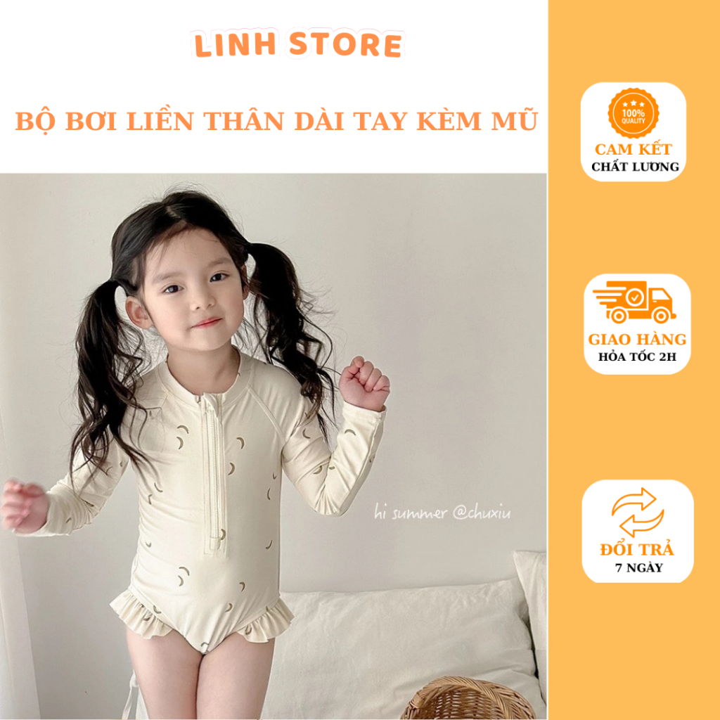 Bộ Đồ Bơi Liền Thân Dài Tay Viền Bèo Bé Gái - Bikini 1 Mảnh Dài Tay Kéo Khóa Cho Bé Từ 2-8 Tuổi