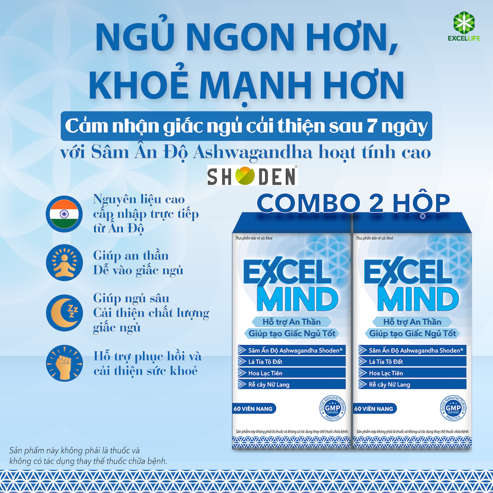 Viên Uống ExcelMind - Sâm Ấn Độ (Ashwagandha) - Hỗ Trợ Giấc Ngủ Ngon, Giảm Căng Thẳng, Ngủ Sâu Giấc