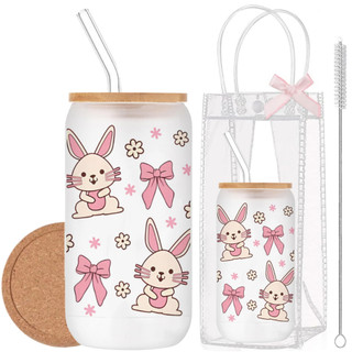 Cốc Thủy Tinh Thỏ Hồng 500ml, Ly Thủy Tinh Nắp Tre 16Oz Chịu Nhiệt Kèm Phụ Kiện, Quà Tặng Sinh Nhật