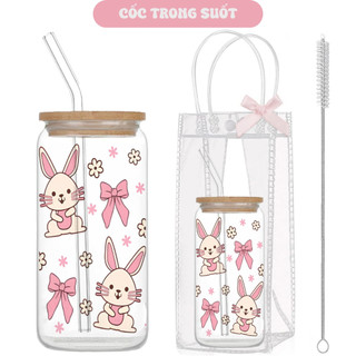 Cốc Thủy Tinh Thỏ Hồng 500ml, Ly Thủy Tinh Nắp Tre 16Oz Chịu Nhiệt Kèm Phụ Kiện, Quà Tặng Sinh Nhật