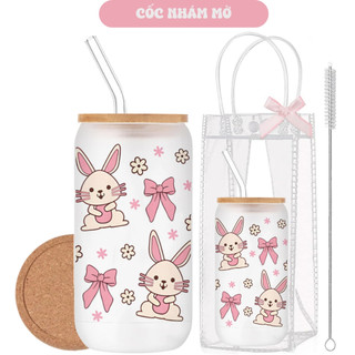 Cốc Thủy Tinh Thỏ Hồng 500ml, Ly Thủy Tinh Nắp Tre 16Oz Chịu Nhiệt Kèm Phụ Kiện, Quà Tặng Sinh Nhật