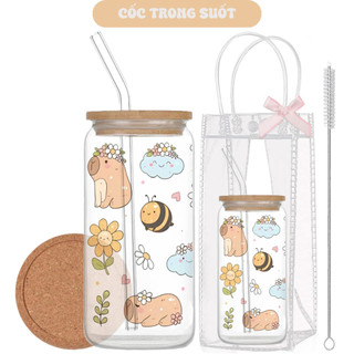 Cốc Thủy Tinh Capybara 500ml, Ly Thủy Tinh Nắp Tre 16Oz Chịu Nhiệt Kèm Phụ Kiện, Quà Tặng Sinh Nhật