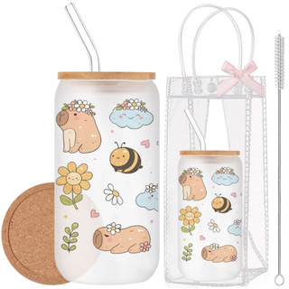 Cốc Thủy Tinh Capybara 500ml, Ly Thủy Tinh Nắp Tre 16Oz Chịu Nhiệt Kèm Phụ Kiện, Quà Tặng Sinh Nhật