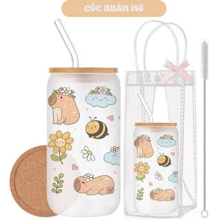 Cốc Thủy Tinh Capybara 500ml, Ly Thủy Tinh Nắp Tre 16Oz Chịu Nhiệt Kèm Phụ Kiện, Quà Tặng Sinh Nhật