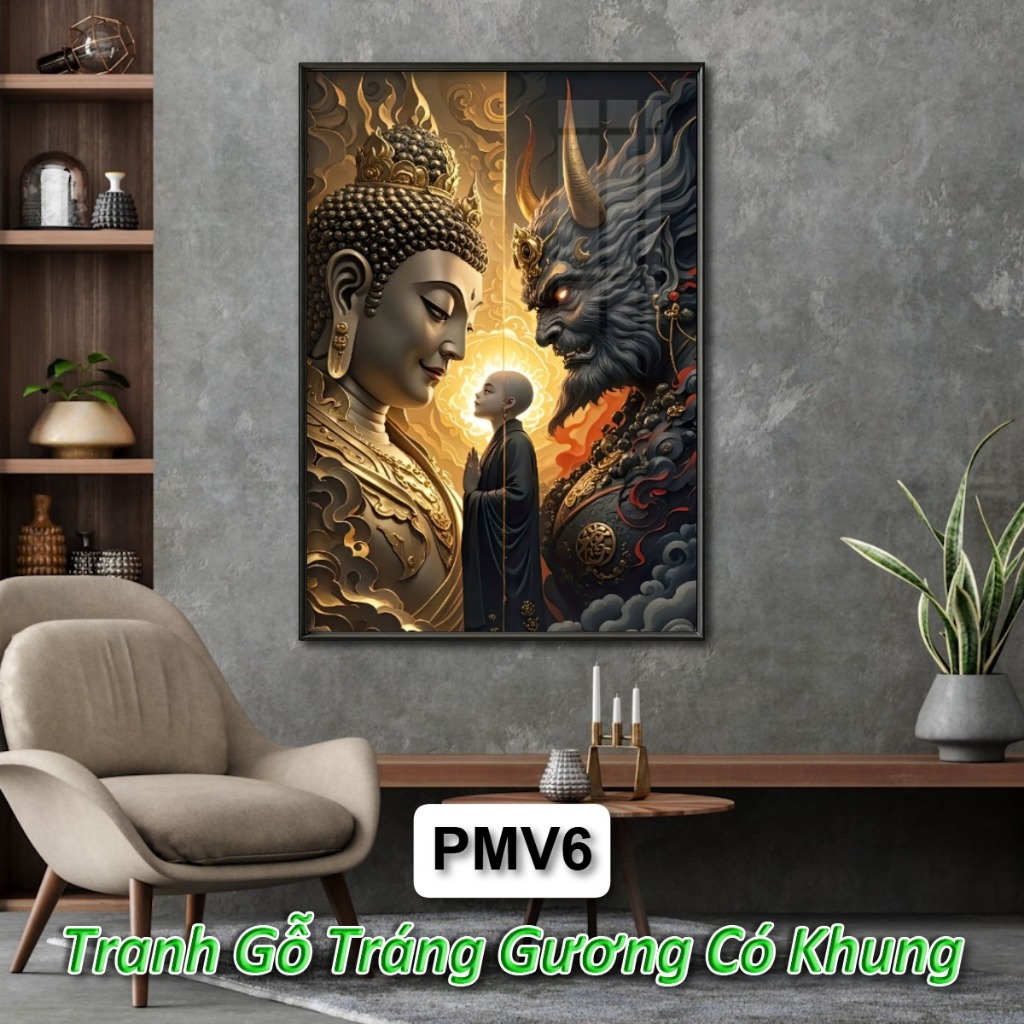 Tranh Phật và Ma Vương - Cuộc Chiến Tâm Linh Sự Đối Lập Giữa Thiện và Ác - Tranh Gỗ Tráng Gương Có Khung Treo Tường