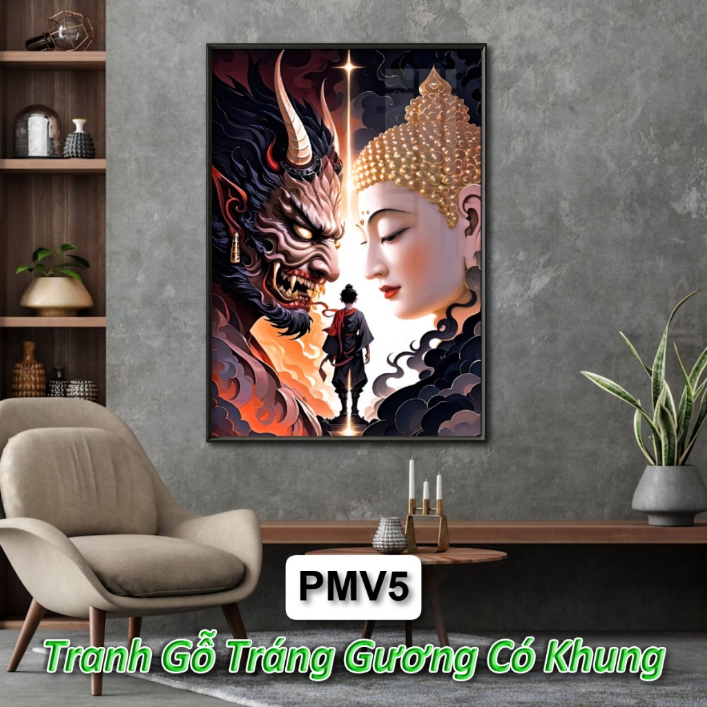 Tranh Phật và Ma Vương - Cuộc Chiến Tâm Linh Sự Đối Lập Giữa Thiện và Ác - Tranh Gỗ Tráng Gương Có Khung Treo Tường
