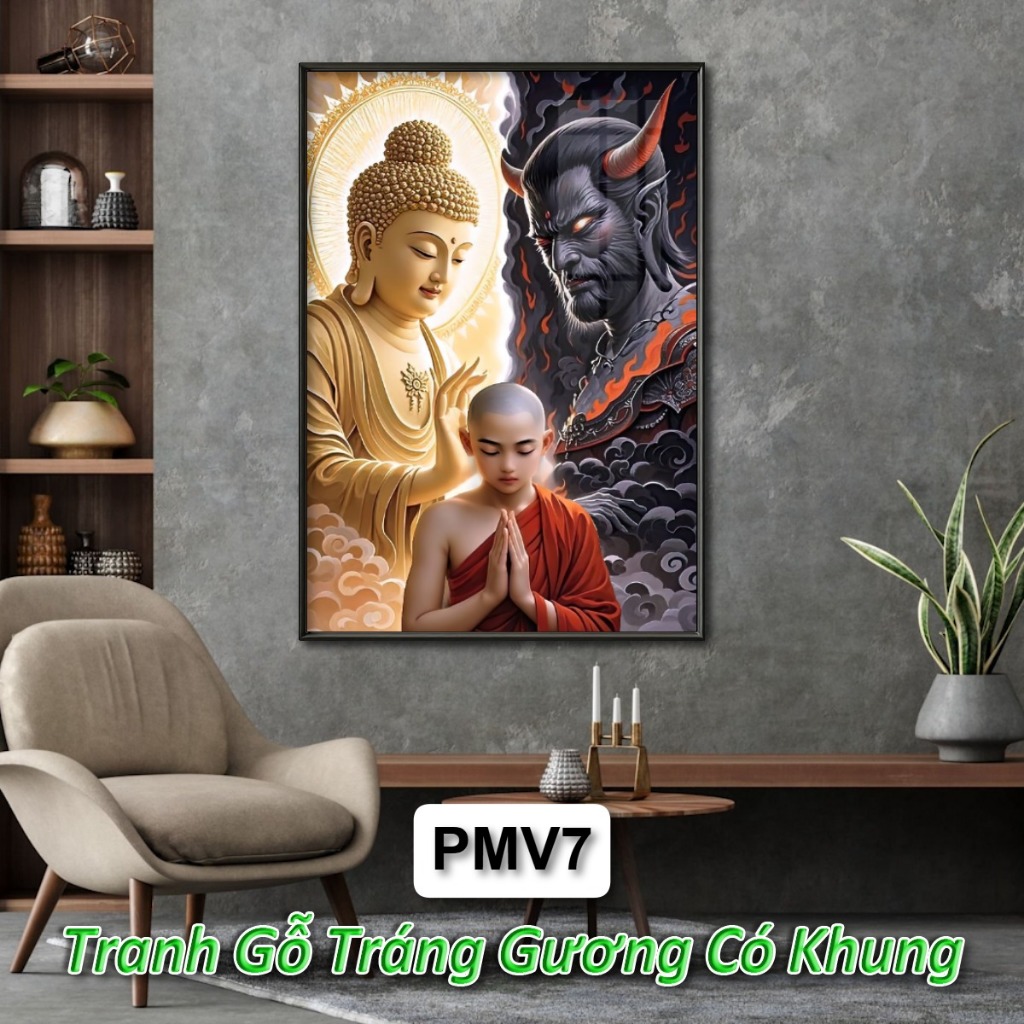 Tranh Phật và Ma Vương - Cuộc Chiến Tâm Linh Sự Đối Lập Giữa Thiện và Ác - Tranh Gỗ Tráng Gương Có Khung Treo Tường