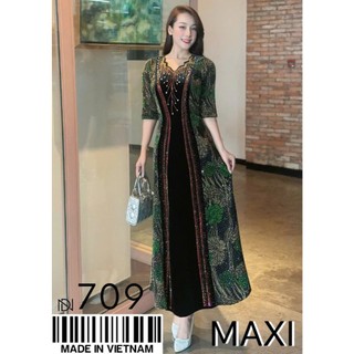 Đầm MAXI trung niên dự tiệc sang trọng vải thun nhũ phối nhung cao cấp đính đá, tặng mẹ co giãn tốt bigsize 75kg M709
