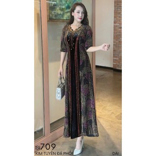 Đầm MAXI trung niên dự tiệc sang trọng vải thun nhũ phối nhung cao cấp đính đá, tặng mẹ co giãn tốt bigsize 75kg M709