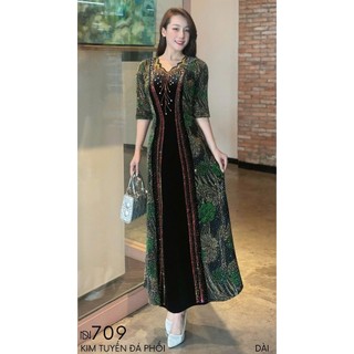 Đầm MAXI trung niên dự tiệc sang trọng vải thun nhũ phối nhung cao cấp đính đá, tặng mẹ co giãn tốt bigsize 75kg M709