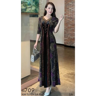 Đầm MAXI trung niên dự tiệc sang trọng vải thun nhũ phối nhung cao cấp đính đá, tặng mẹ co giãn tốt bigsize 75kg M709