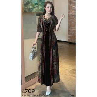 Đầm MAXI trung niên dự tiệc sang trọng vải thun nhũ phối nhung cao cấp đính đá, tặng mẹ co giãn tốt bigsize 75kg M709
