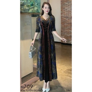 Đầm MAXI trung niên dự tiệc sang trọng vải thun nhũ phối nhung cao cấp đính đá, tặng mẹ co giãn tốt bigsize 75kg M709