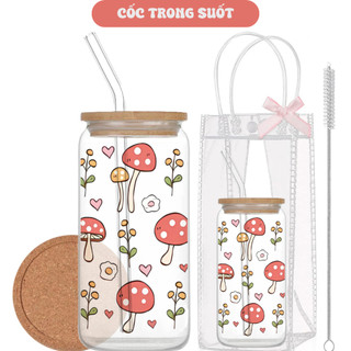 Cốc Thủy Tinh Nấm Cute 500ml, Ly Thủy Tinh Nắp Tre 16Oz Chịu Nhiệt Kèm Phụ Kiện, Quà Tặng Sinh Nhật