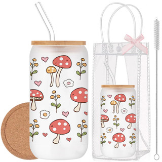 Cốc Thủy Tinh Nấm Cute 500ml, Ly Thủy Tinh Nắp Tre 16Oz Chịu Nhiệt Kèm Phụ Kiện, Quà Tặng Sinh Nhật