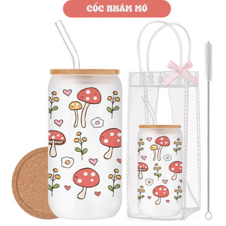 Cốc Thủy Tinh Nấm Cute 500ml, Ly Thủy Tinh Nắp Tre 16Oz Chịu Nhiệt Kèm Phụ Kiện, Quà Tặng Sinh Nhật