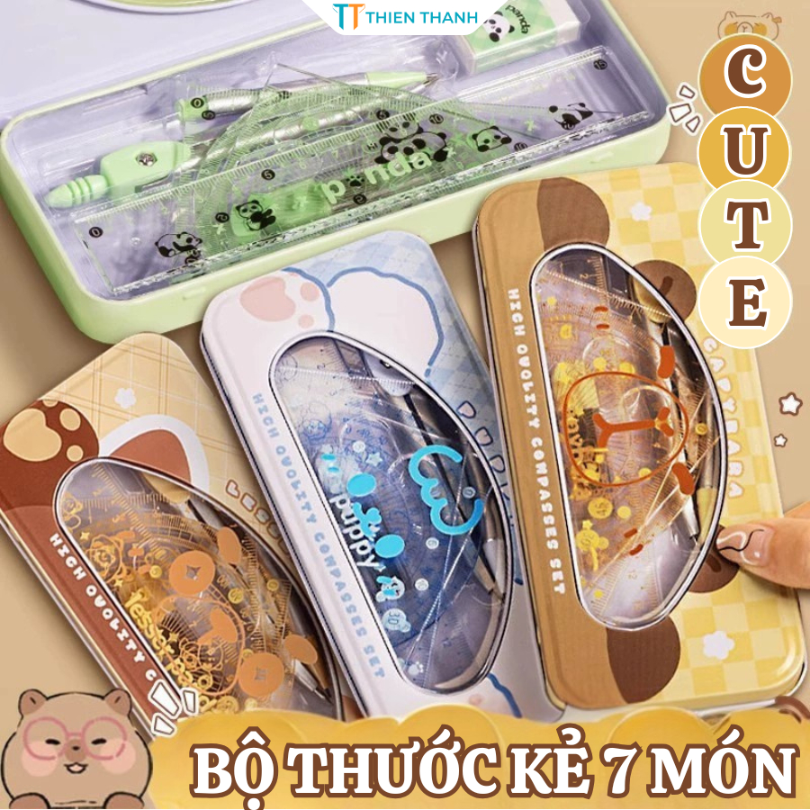 Bộ Đồ Dùng Học Tập 7 Món Hộp Thiếc Chuột Nước  Dễ Thương, Bộ Thước Kẻ Compa Học Tập Cho Bé