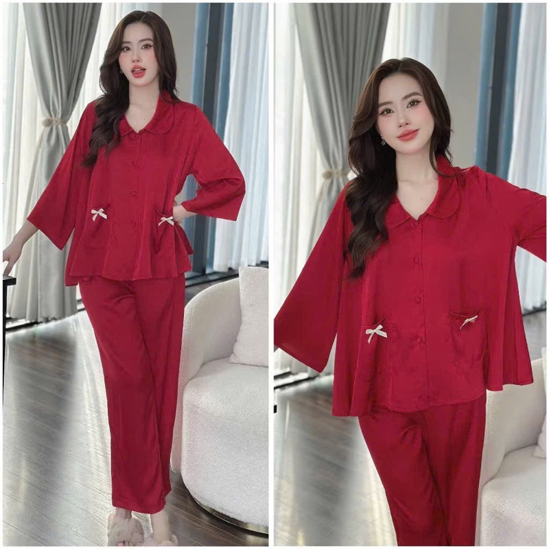 45-65kg Bộ Pijama cổ sen tay ngắn túi nơ lụa latin mềm mát