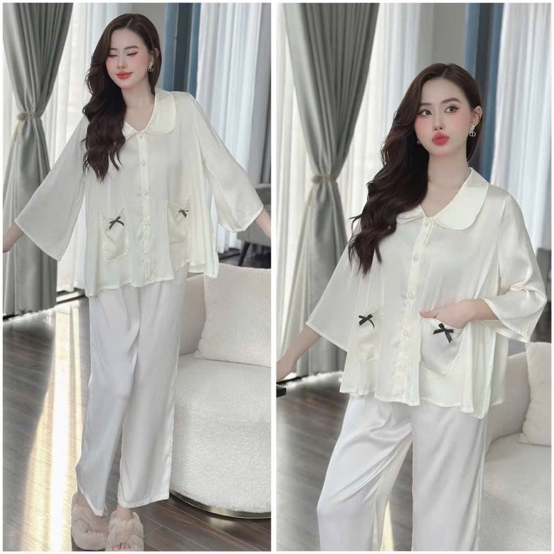 45-65kg Bộ Pijama cổ sen tay ngắn túi nơ lụa latin mềm mát