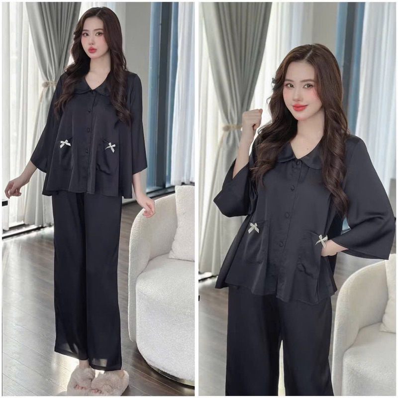 45-65kg Bộ Pijama cổ sen tay ngắn túi nơ lụa latin mềm mát