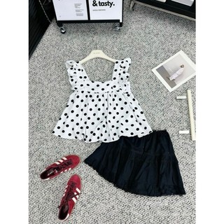 Set Bộ Đồ Nữ Áo Chấm Bi Cánh Tiên Nơ Sau Mix Chân Váy Thô Phối Ren Có Quần Đùi Trong Freesize