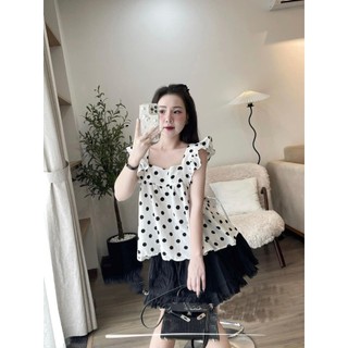 Set Bộ Đồ Nữ Áo Chấm Bi Cánh Tiên Nơ Sau Mix Chân Váy Thô Phối Ren Có Quần Đùi Trong Freesize