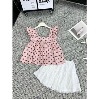 Set Bộ Đồ Nữ Áo Chấm Bi Cánh Tiên Nơ Sau Mix Chân Váy Thô Phối Ren Có Quần Đùi Trong Freesize