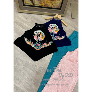Sét áo nhung the cổ yếm thêu rồng phượng + quần lụa dáng xuông