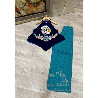 Sét áo nhung the cổ yếm thêu rồng phượng + quần lụa dáng xuông