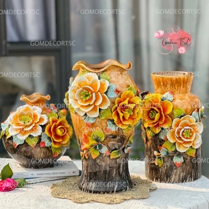 Bình Hoa Đắp Nổi Gốm Sứ Bát Tràng - Lọ Hoa Decor Men Hoàng Thổ Cao Cấp Gomdecortsc