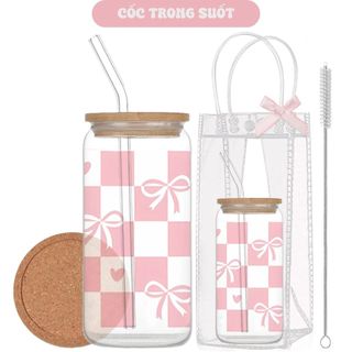 Cốc Thủy Tinh Nơ Caro 500ml, Ly Thủy Tinh Nắp Tre 16Oz Chịu Nhiệt Kèm Phụ Kiện, Quà Tặng Sinh Nhật