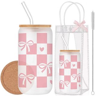 Cốc Thủy Tinh Nơ Caro 500ml, Ly Thủy Tinh Nắp Tre 16Oz Chịu Nhiệt Kèm Phụ Kiện, Quà Tặng Sinh Nhật
