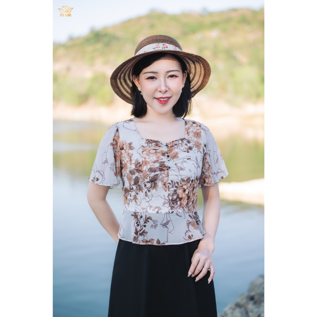 Ảnh Đầm xòe trung niên cho mẹ - Cổ vuông tim kết nút tay loe - Trắng hoa nâu - TTV1863 3