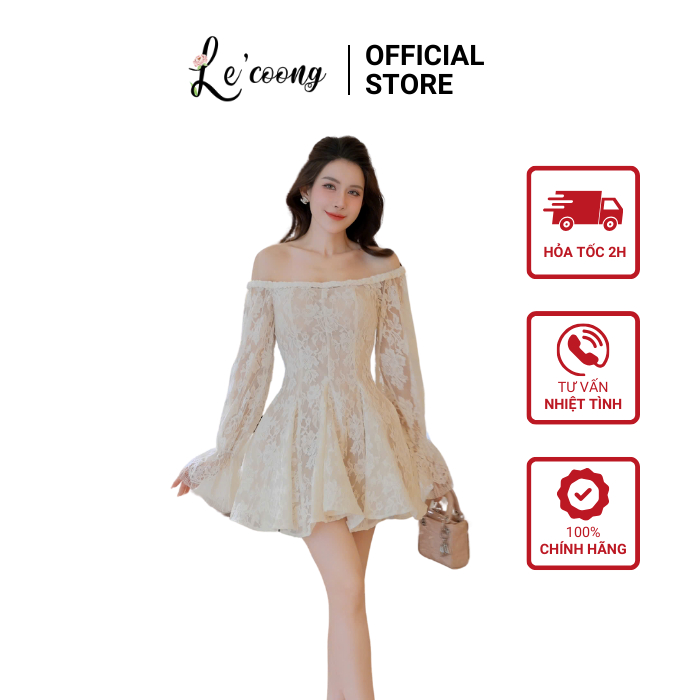 Ảnh Váy Đẹp Dáng Ngắn Đi Biển Trễ Vai Xòe Bồng LECOONG V765 Đầm Tiểu Thư Màu Kem Sang Chảnh 1