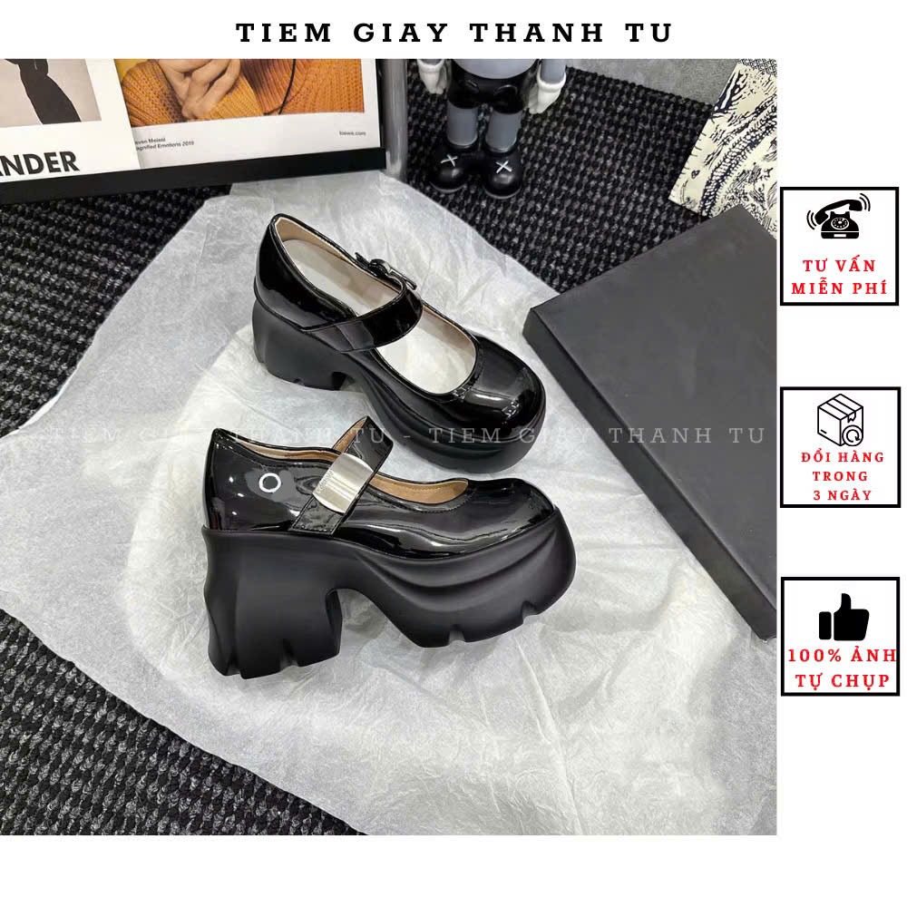 (8878-1)Giày Lolita nữ đế bánh mỳ độn đế da bóng mềm quai ngang dán hàng QCCC fullbox