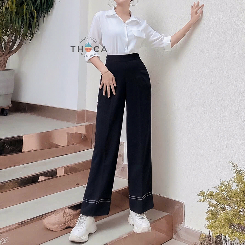 Ảnh Quần ống rộng nữ cạp cao viền sọc THOCA HOUSE công sở, đi học đi làm 4