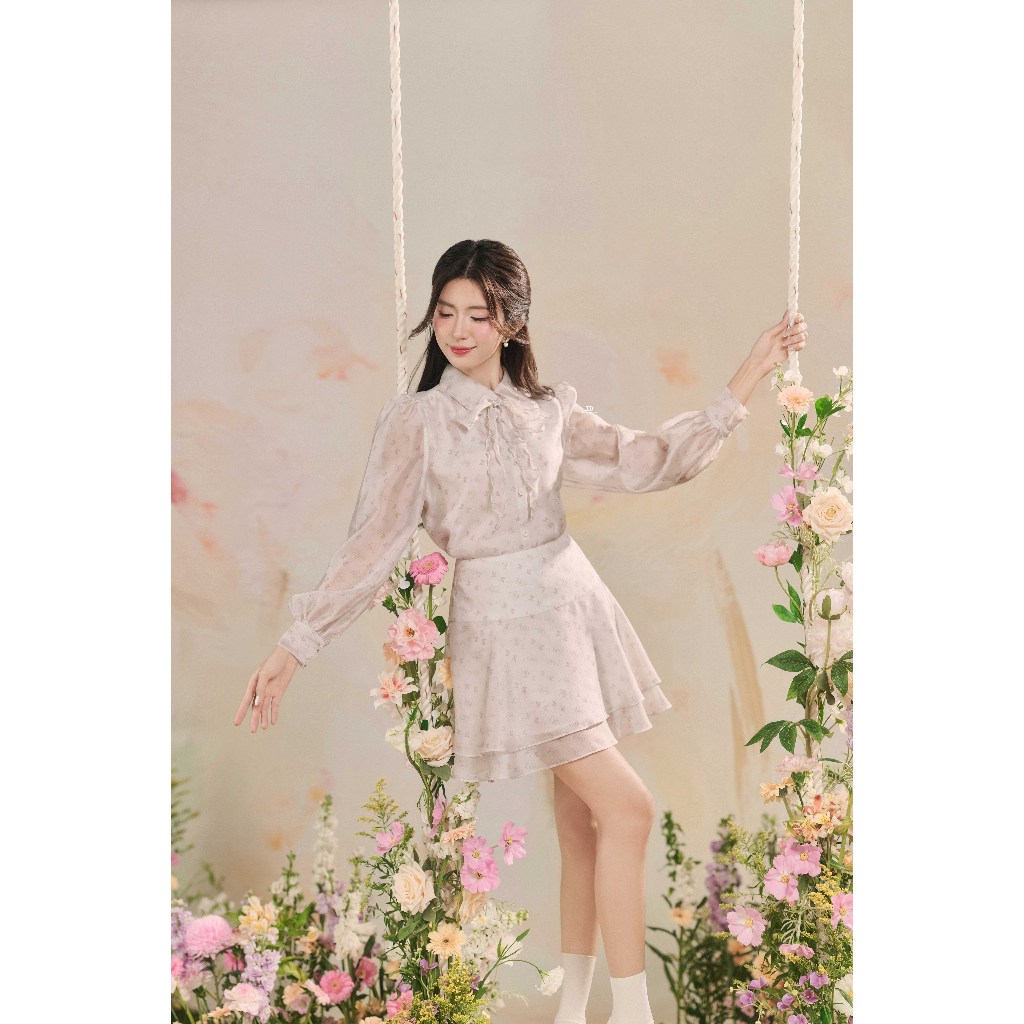 Ảnh Set Áo sơ mi cổ đức tròn đính nơ họa tiết 2R05.2503OG, Chân váy pattern đổ hai tầng họa tiết 4R02.2503OG, set đồ nữ JM 3