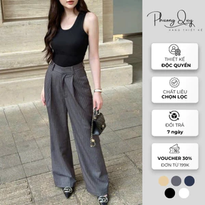Quần ống rộng suông nữ cạp cao kẻ sọc vải cao cấp không nhăn nhàu phù hợp mặc đi làm hoặc đi chơi