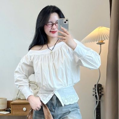 Áo sơ mi dài tay Joolate kiểu lệch vai ren bụng dáng tiểu thư siêu xinh